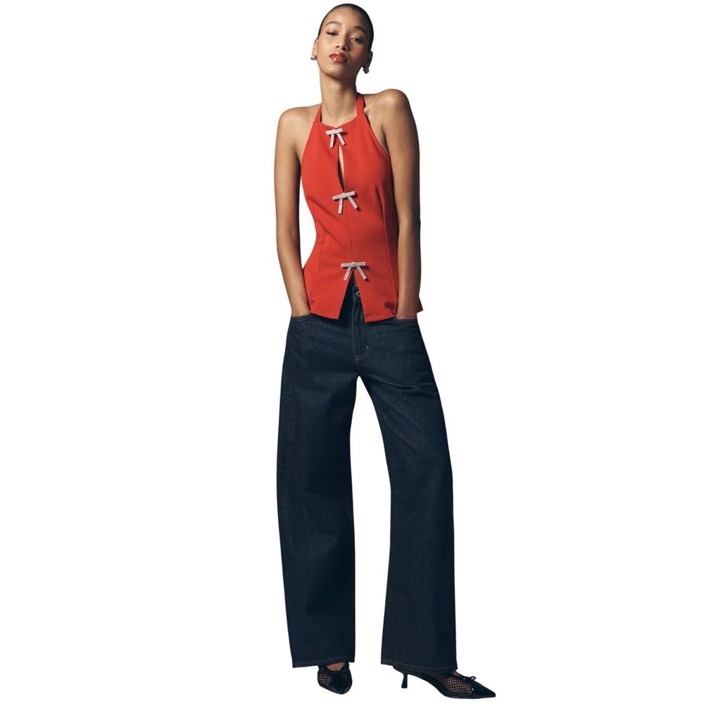 NWT Maeve Anthropologie Red Bow Halter Top Large Rhinestone Keyhole Sleeveless